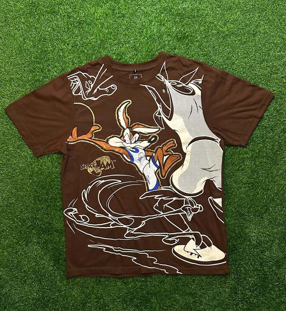 Y2K 2000s Southpole Space Jam Wile E Coyote T-Shirt Size L Brown Foil Print